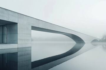 Modern bridge over calm river in misty morning. Minimalistic architecture design. Serenity and...
