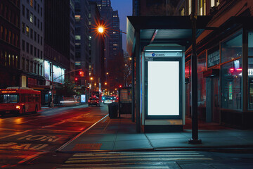 Blank white vertical digital billboard  on city street bus stop sign at night. Mockup design