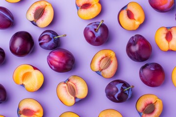 Colorful fruit pattern of fresh whole and sliced plum on purple background