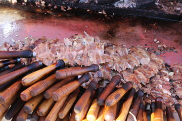 traditional turkish oltu cag crochet shish kebab doner grilled in wood fired oven. Famous yatik...