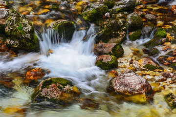 The wild cascades of the Velika Savica river in the heart of the Julian Alps in Slovenia above Lake Bohinj below the Savica waterfall