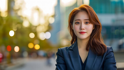 Obraz premium Close-up portrait of a stylish Asian young executive, modern cityscape backdrop.