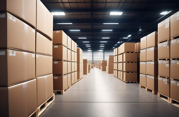 Obraz premium Goods Warehouse. Cardboard boxes neatly stacked for storage in the warehouse.
