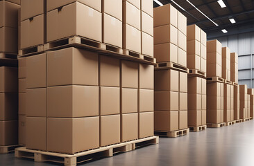 Goods Warehouse. Cardboard boxes neatly stacked for storage in the warehouse.