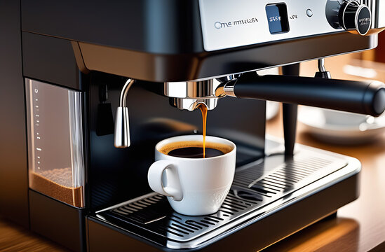 Coffee is prepared in a coffee machine and poured into a coffee cup.