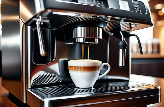 Coffee is prepared in a coffee machine and poured into a coffee cup.