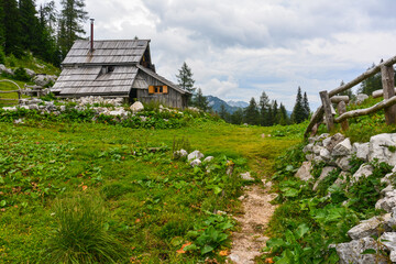 A traditional wooden chalet in the heart of the Julian Alps in Slovenia above Lake Bohinj in the cloudy summer day