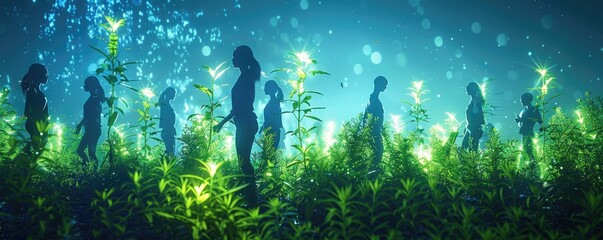An evocative digital illustration featuring silhouetted figures wandering through a mystical forest with luminous plants.