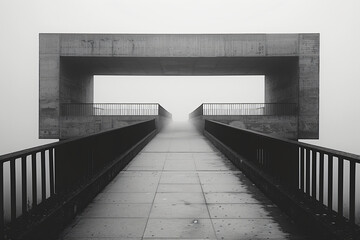 Modern concrete bridge in fog. Monochromatic architecture photography with copy space. Minimalist...