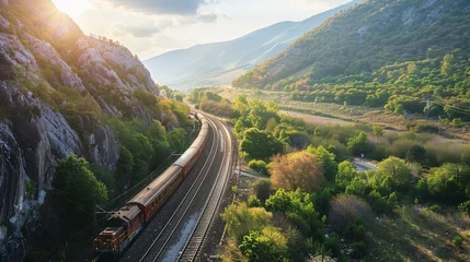 Fotobehang Aerial view of train on tracks in the mountains © Barosanu