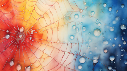 A watercolor painting of Macro stunning water droplets on a spiderweb, set against a warm-to-cool color gradient background.