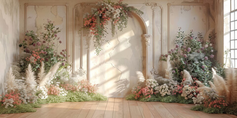 Fototapeta na wymiar beautiful wall with arch and flowers backdrop, empty room wedding interior wall background ,banner