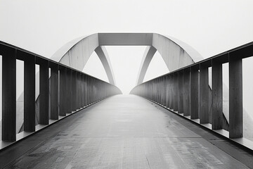 Modern concrete bridge in fog. Monochromatic architecture photography with copy space. Minimalist urban design concept for design and print