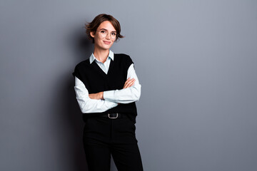 Photo of positive good mood lady lawyer dressed black vest eyewear arms crossed empty space...