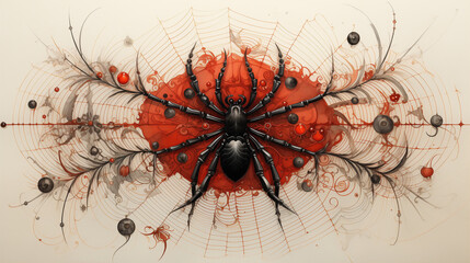 A watercolor painting of a black spider in the center of a web adorned with red ornaments and decorative patterns.