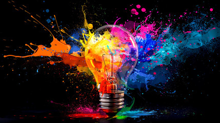 Conceptual light bulb bursting with colorful paint splatters against a dark backdrop, symbolizing innovative thinking and creativity.