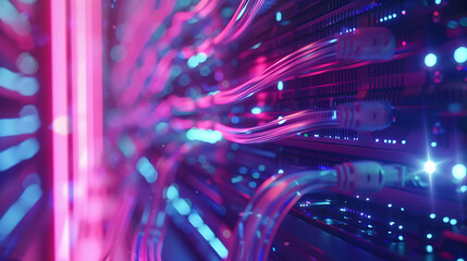 Data cables illuminated with light, transmitting information within a computer server.