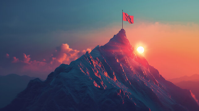 Path to success illuminated with flag atop mountain peak concept.