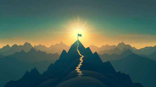 Path to success illuminated with flag atop mountain peak concept.