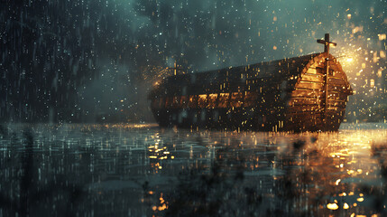 Noah's Ark navigating through heavy rain during the flood.