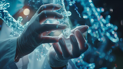 Close-up of scientist's hands conducting nanotechnology research in a laboratory focused on nanomaterials and fiber production in the fields of microbiology, medicine, and healthcare.