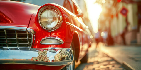A vintage red car parked on a sunny city street, with a close-up on its shiny chrome headlight and grille,  - obrazy, fototapety, plakaty