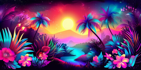 Tropical Neon Jungle with Palm Trees and Flowers at Sunset,