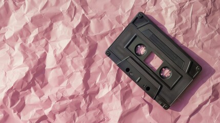 Black Cassette on Pink Crumpled Paper