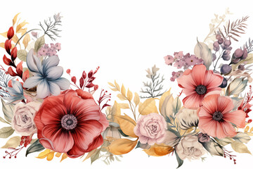 Watercolor painting of boho flowers on white background with copy space. Watercolor illustration.