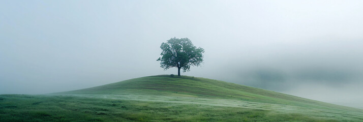 Single tree on a misty hill at dawn. Minimalist landscape with copy space. Peace and solitude concept for design and print