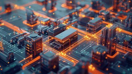 Obraz premium High-tech futuristic circuit board with glowing lines and computer chip.