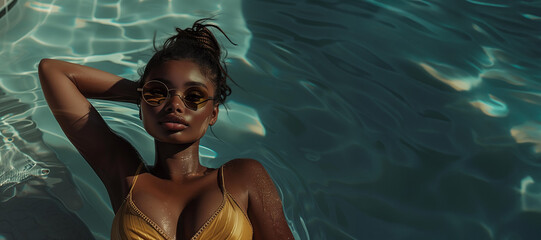
beautiful afro american black woman in yellow bikini swimsuit relaxing in the pool