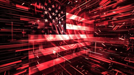 Abstract Digital Art of American Flag With Dynamic Red Lines and Particles