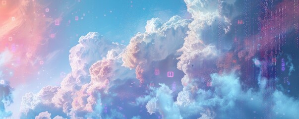 Majestic Cloudscape With Vibrant Digital Enhancements Signifying Technological Fusion - obrazy, fototapety, plakaty
