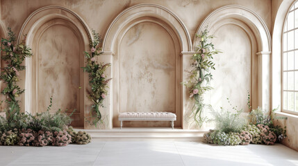beautiful wall with arch and flowers backdrop,  empty room wedding interior wall background ,banner