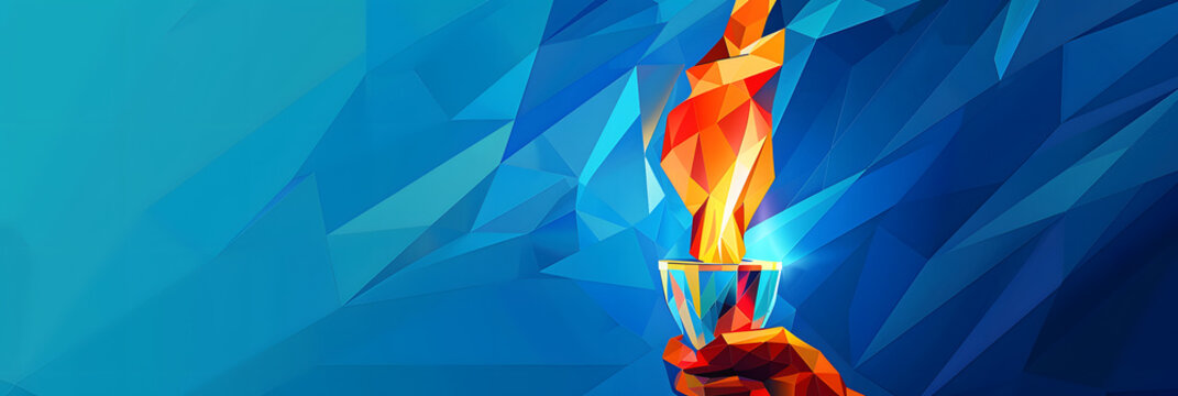 , Flame. A hand made of Olympic ribbons holds a Cup with a torch on a blue background 