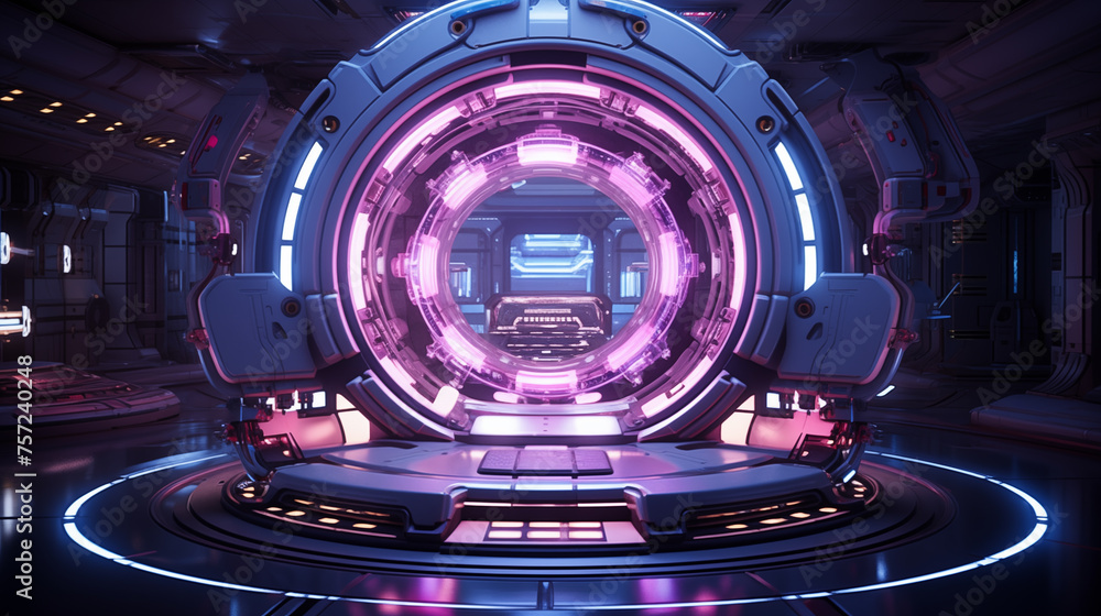 Aufkleber futuristic spaceship airlock with illuminated pink neon ai generated background image