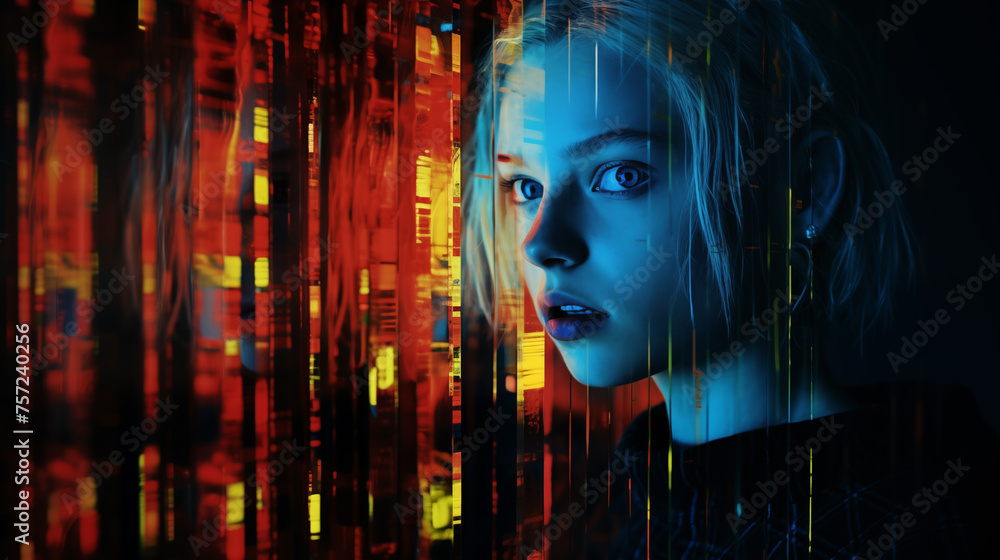 Poster female figure emerges from chaotic matrix of digital code ai generated portrait image