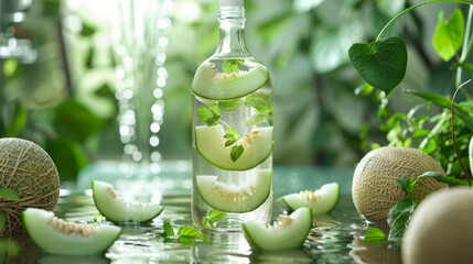 A bottle filled with water, slices of cucumber, and mint leaves, amidst a fresh green setting