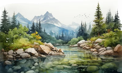 Fotobehang Mountain river running through forest. Watercolor landscape nature illustration. © Iryna
