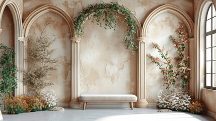 beautiful wall with arch and flowers backdrop,  empty room wedding interior wall background ,banner