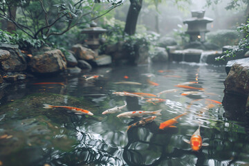 Koi fish swimming in a serene garden pond. Natural landscape photography. Tranquil nature and wildlife concept for design and print