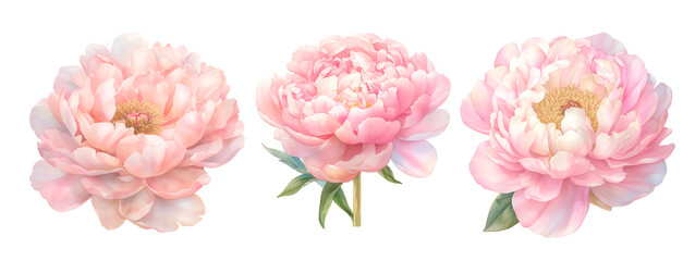 Three pink peonies flowers isolated on white background. Watercolor botanical illustration for wedding invitation.