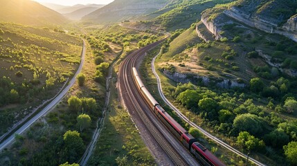 Aerial view of train with cargo on railroad track in mountains. - obrazy, fototapety, plakaty