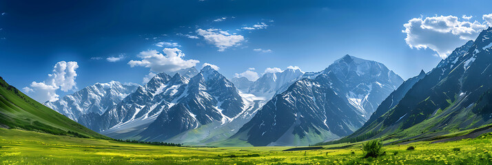 A serene mountain landscape, with snow-capped peaks towering over a peaceful alpine meadow - obrazy, fototapety, plakaty