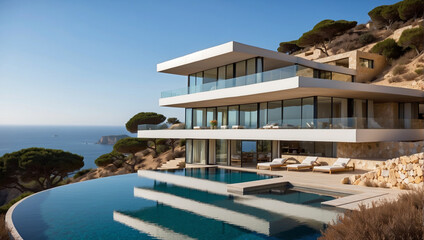Villa de lujo moderna con piscina infinita y vistas al mar Mediterráneo. - obrazy, fototapety, plakaty