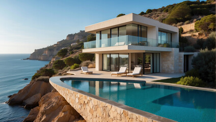 Villa de diseño contemporáneo con piscina y vistas a los acantilados del Mediterráneo. - obrazy, fototapety, plakaty