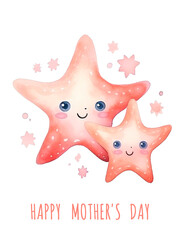 Mother starfish hugging baby. Ocean animals cute illustration isolated on white background. Happy mothers day card.