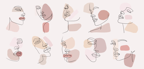 Set of portraits. Simple, minimalist vector illustration of beautiful woman face. Pastel colors. Line drawing.