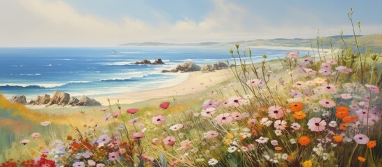 A natural landscape painting featuring a field of flowers with a beach and body of water in the background, set against a beautiful sky with fluffy clouds
